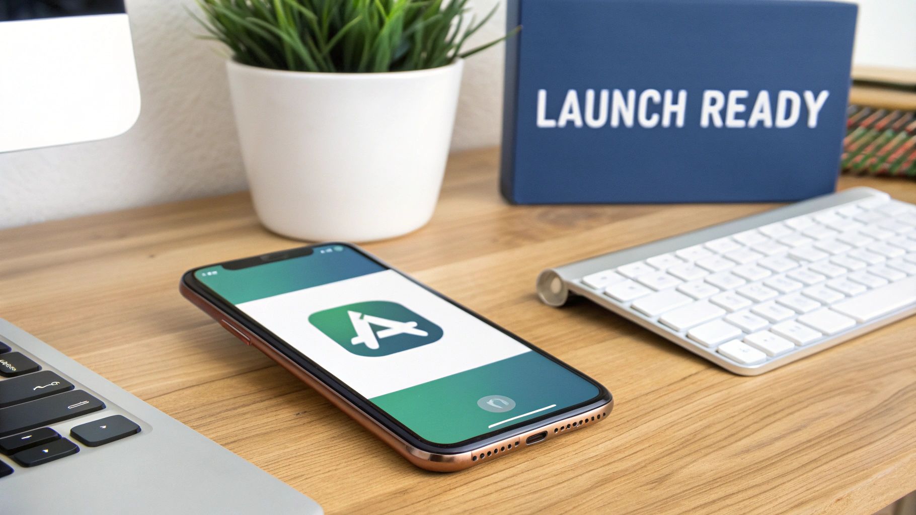 A smartphone displaying an app icon and a 'LAUNCH READY' box on a wooden desk.