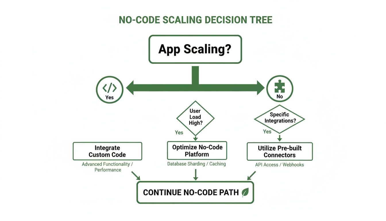 Decision tree for no-code app scaling, outlining paths for custom code, platform optimization, or pre-built connectors.