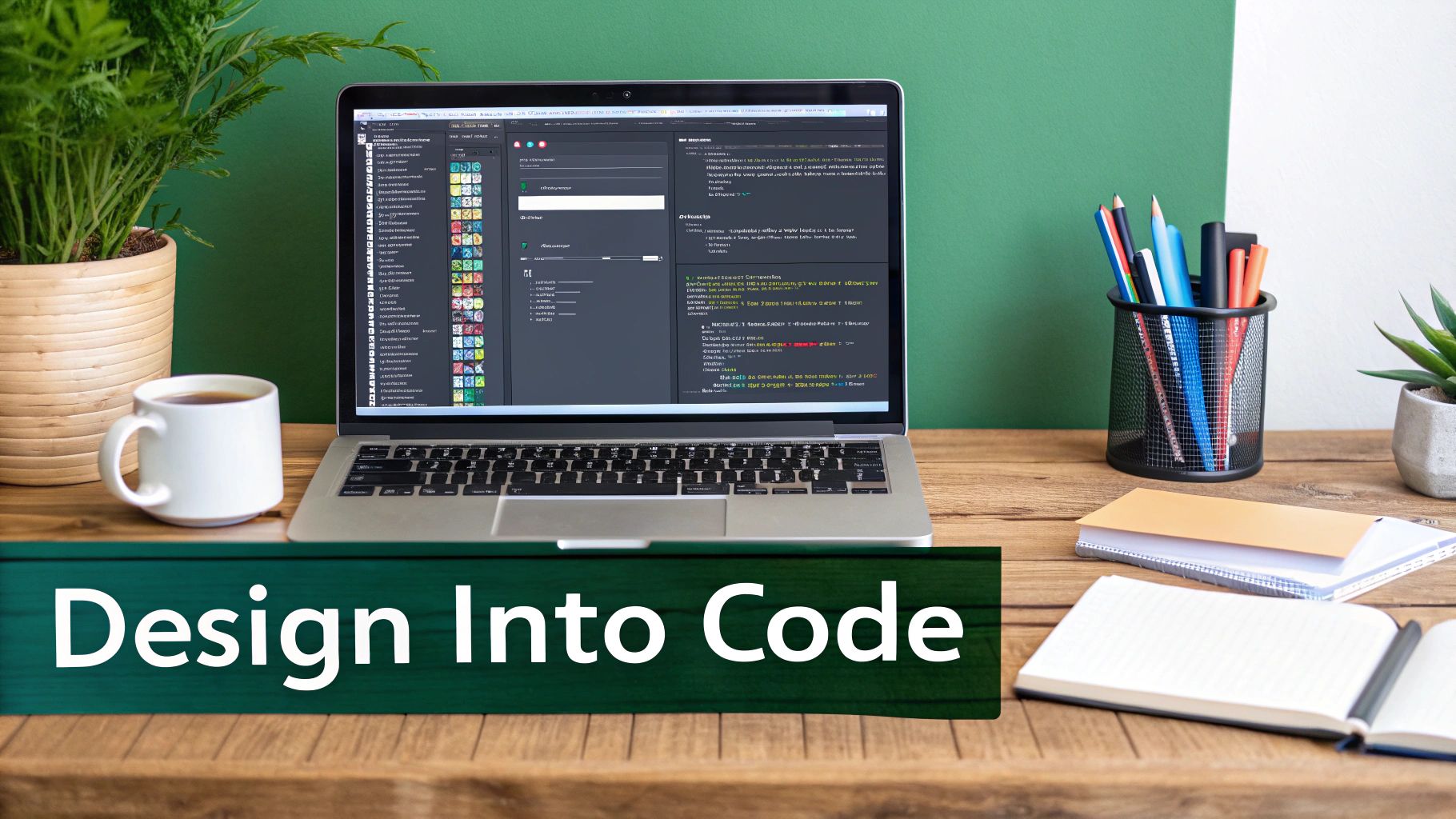 A laptop displaying code on a wooden desk with a plant, coffee, pens, and notebooks, banner says 'Design Into Code'.