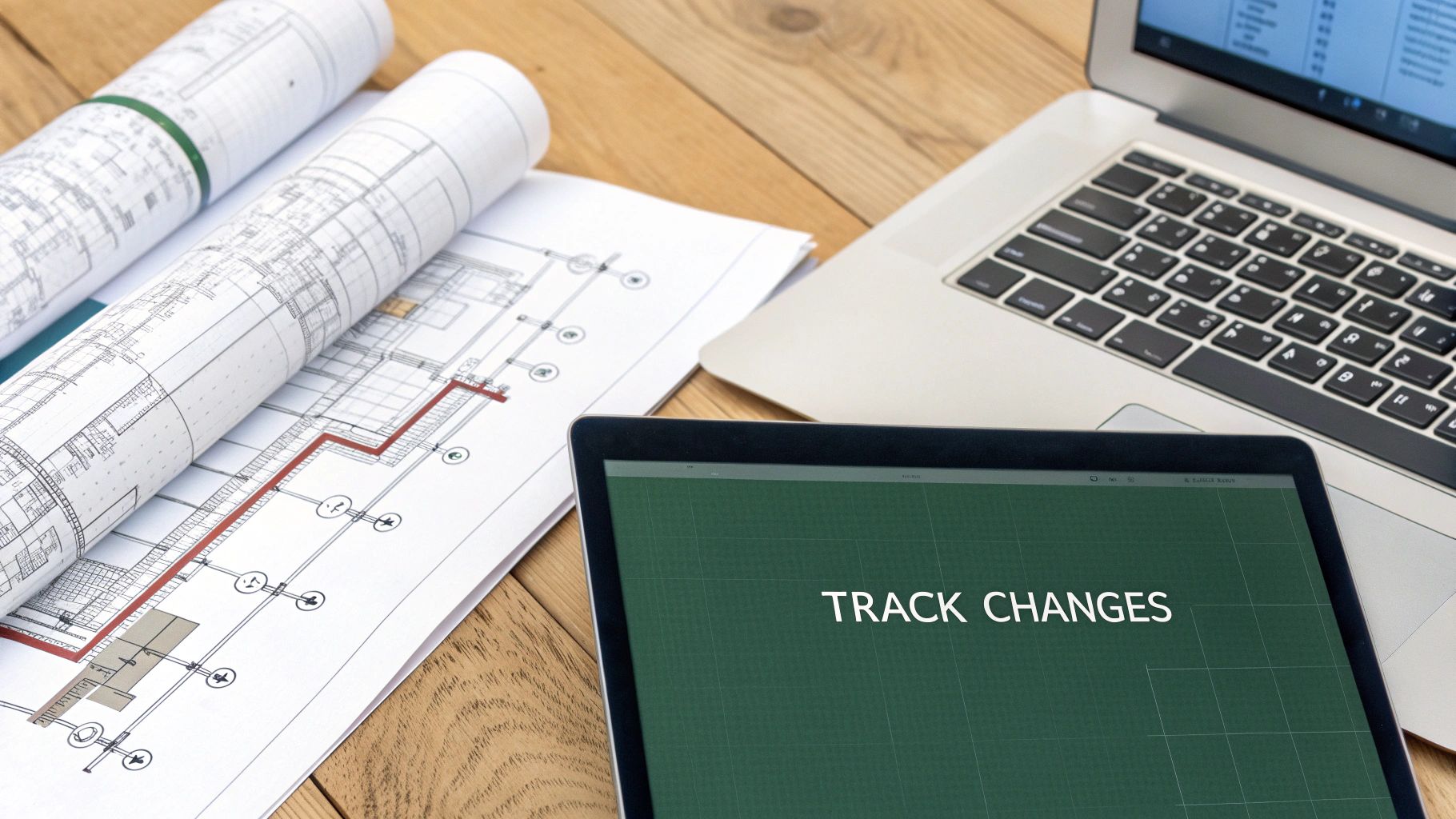 Architectural blueprints, a laptop, and a tablet displaying 'TRACK CHANGES' on a wooden desk.