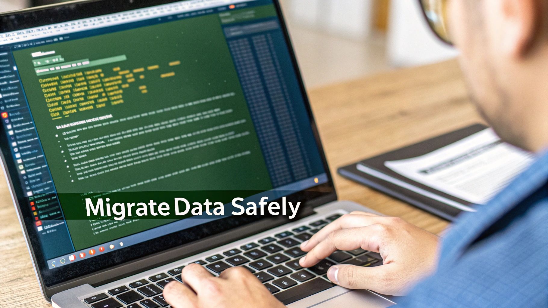 A person's hands type on a laptop displaying code, with a green overlay stating 'Migrate Data Safely'.