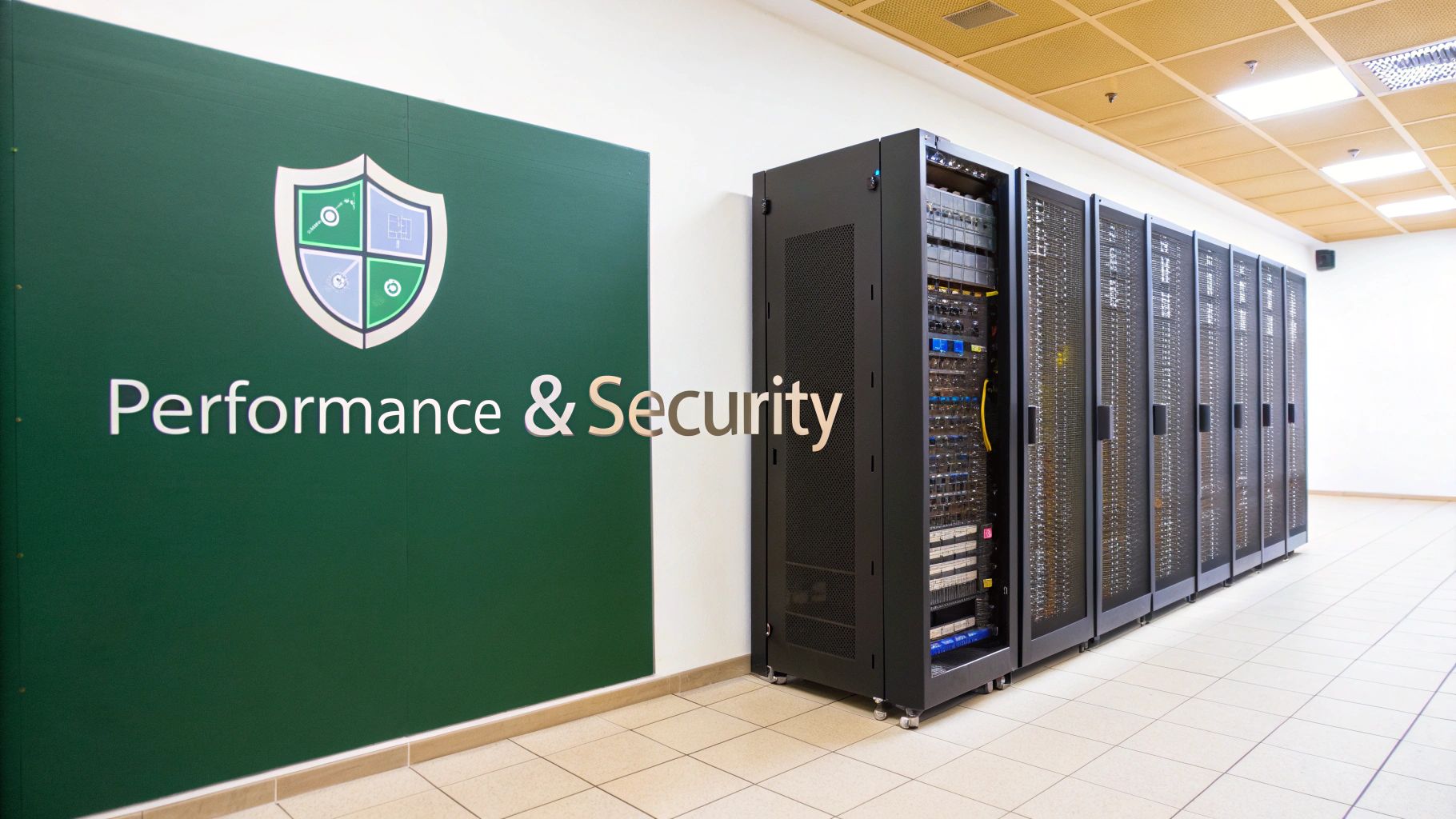 A server room with multiple black server racks lined up next to a green wall displaying 'Performance & Security' with a shield logo.