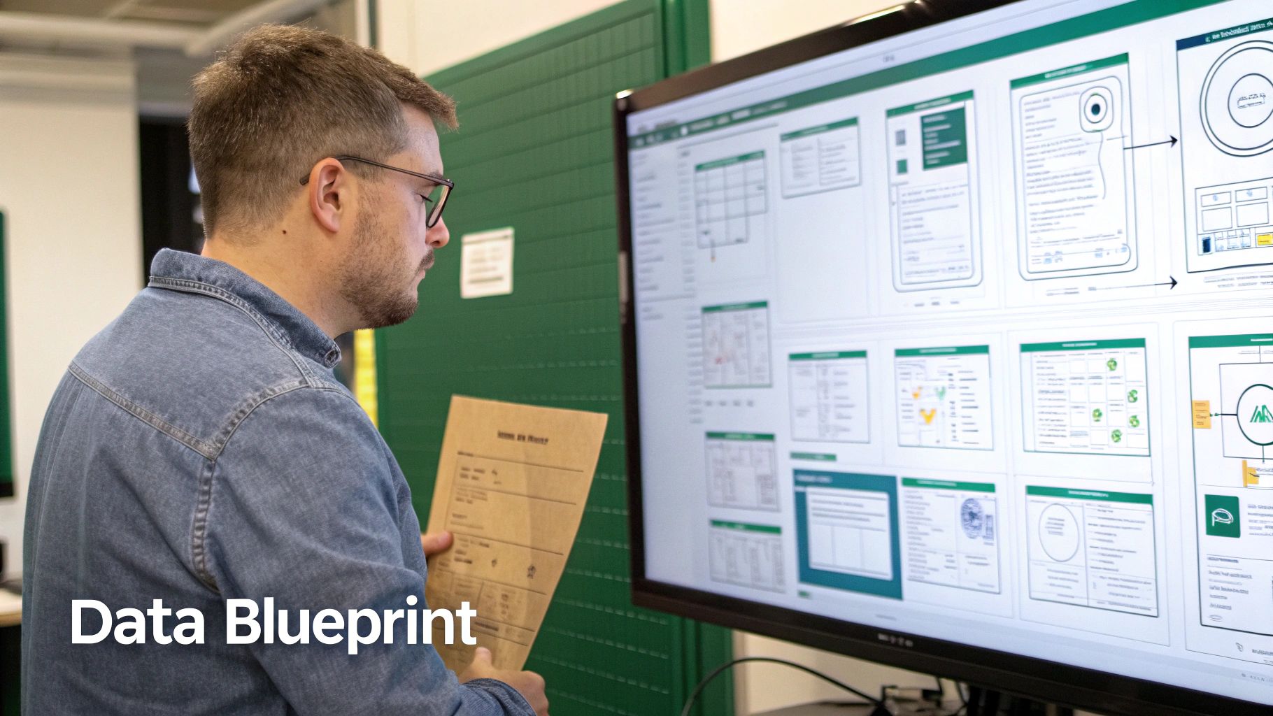 A man in a denim shirt studies a large computer screen showing data blueprints and diagrams.