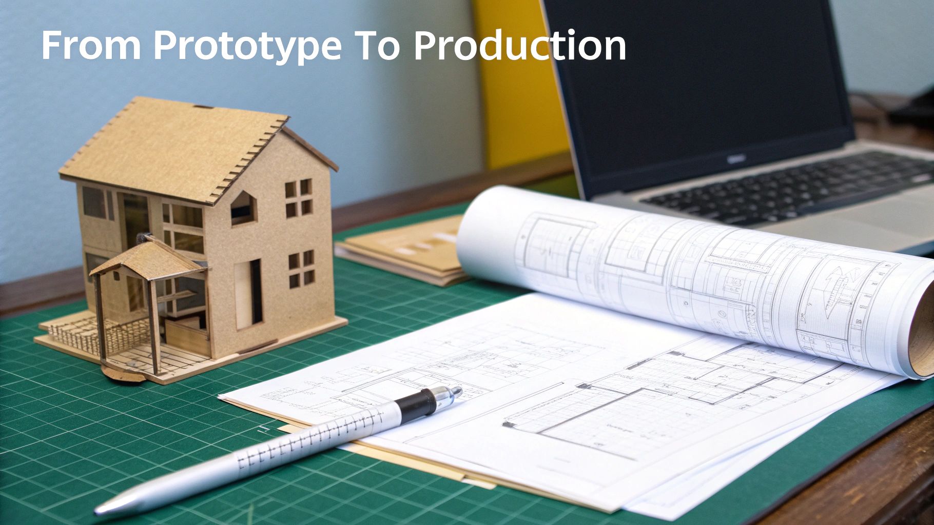 From prototype to production: a model house, blueprints, and laptop on an architect's desk.