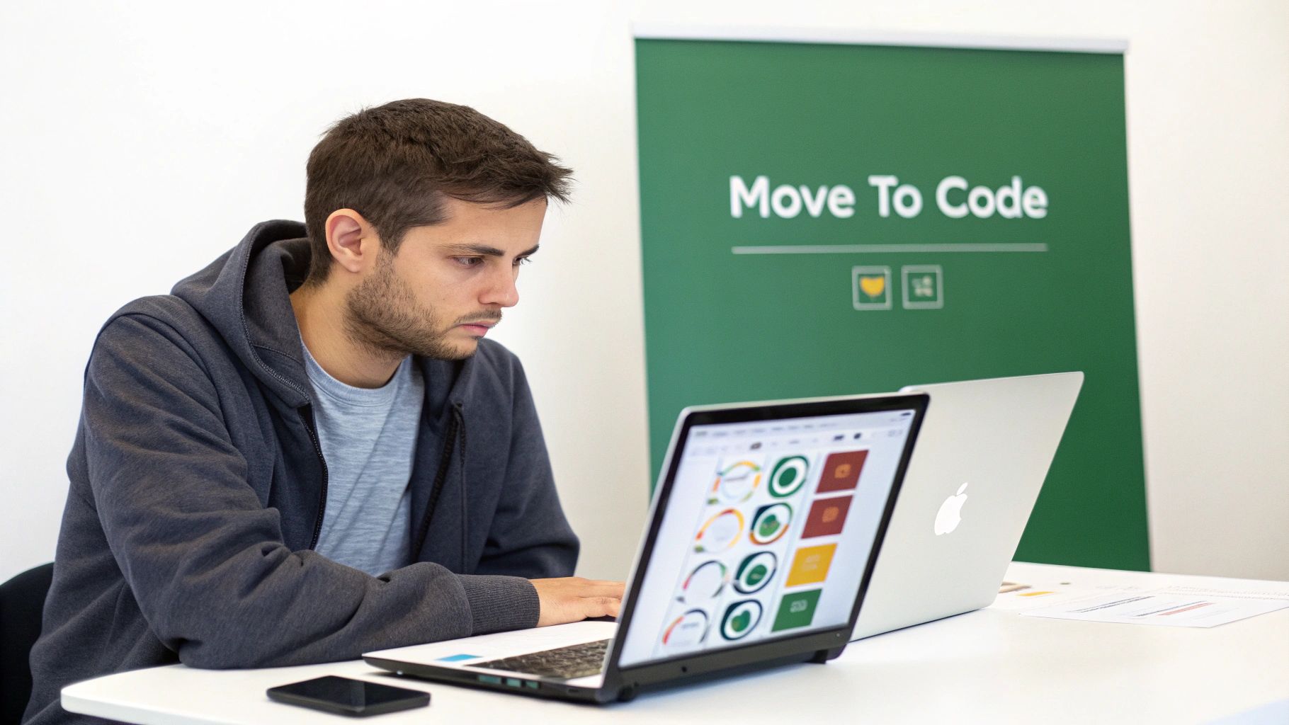 A young man intensely working on a laptop displaying colorful UI/UX designs, with a "Move To Code" banner.