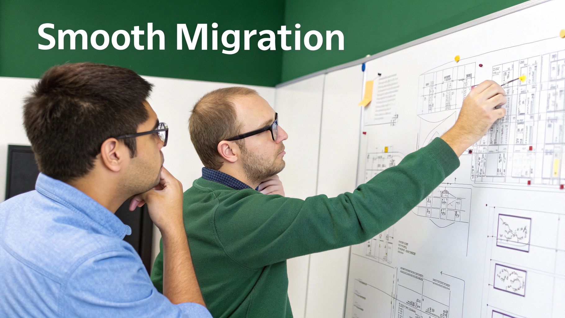 Two professionals collaborating on a whiteboard, reviewing diagrams for a smooth migration.