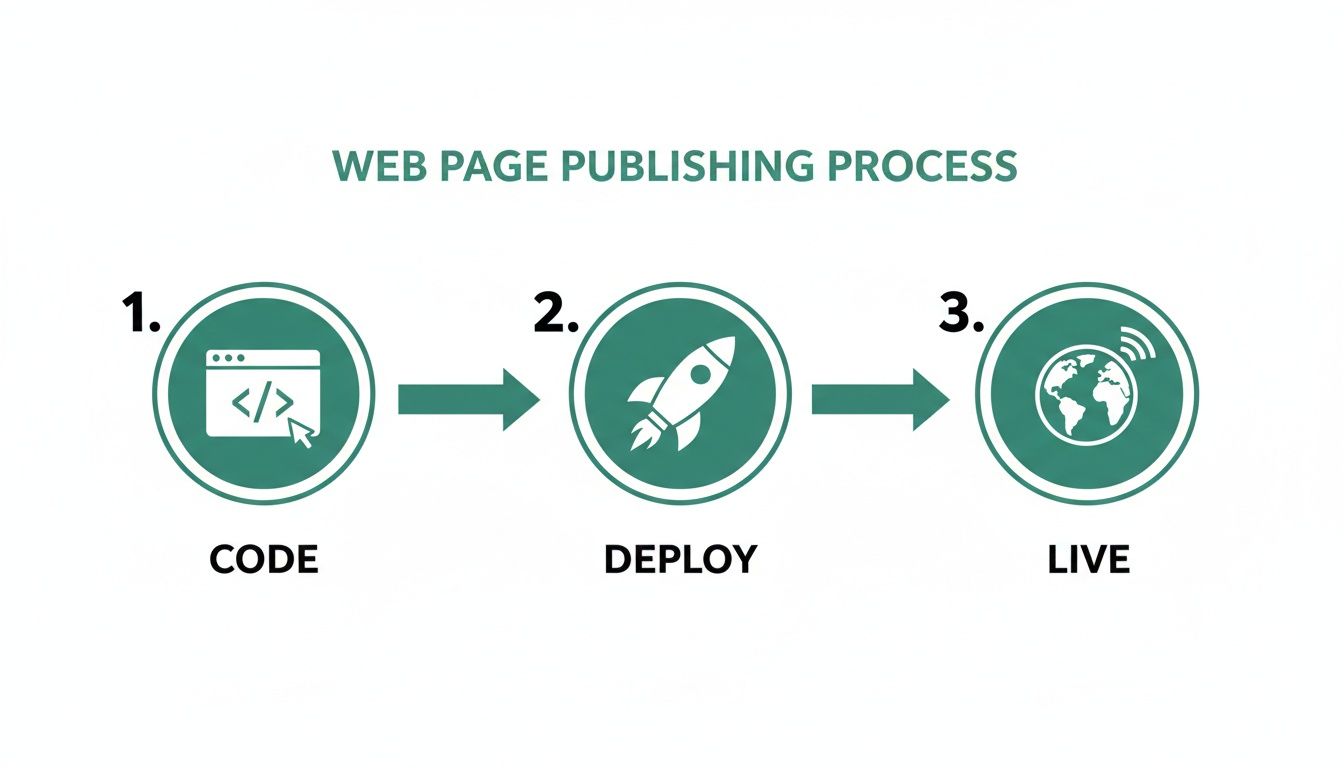 Infographic showing the three steps of the web page publishing process: Code, Deploy, and Live.