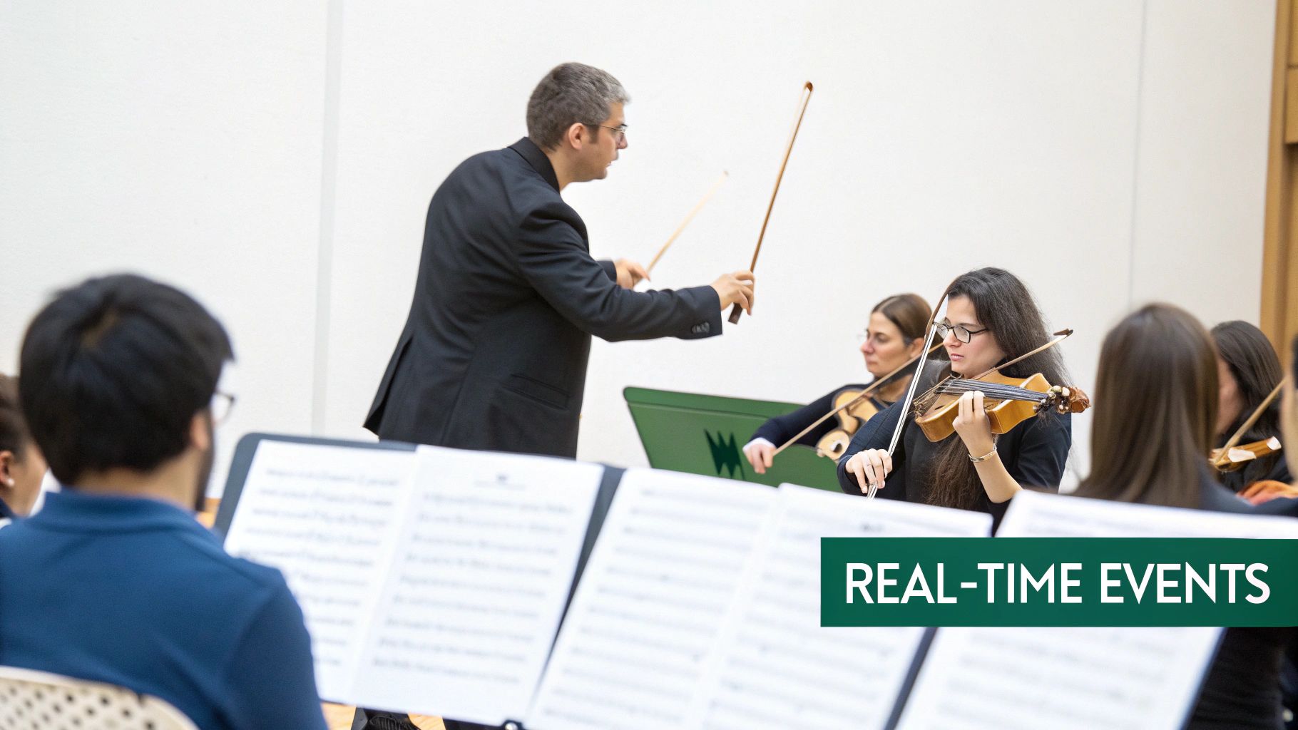A conductor leads an orchestra of violinists playing music, with sheet music and a 'REAL-TIME EVENTS' banner.
