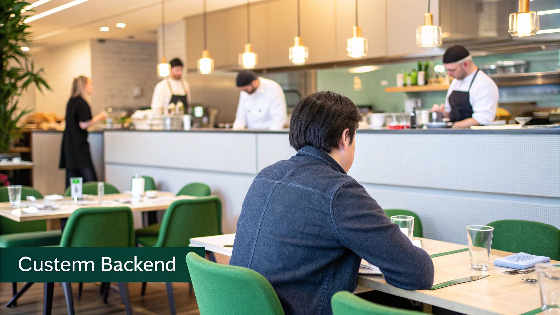 A customer sits at a table in a modern restaurant with an open kitchen, watching chefs work.