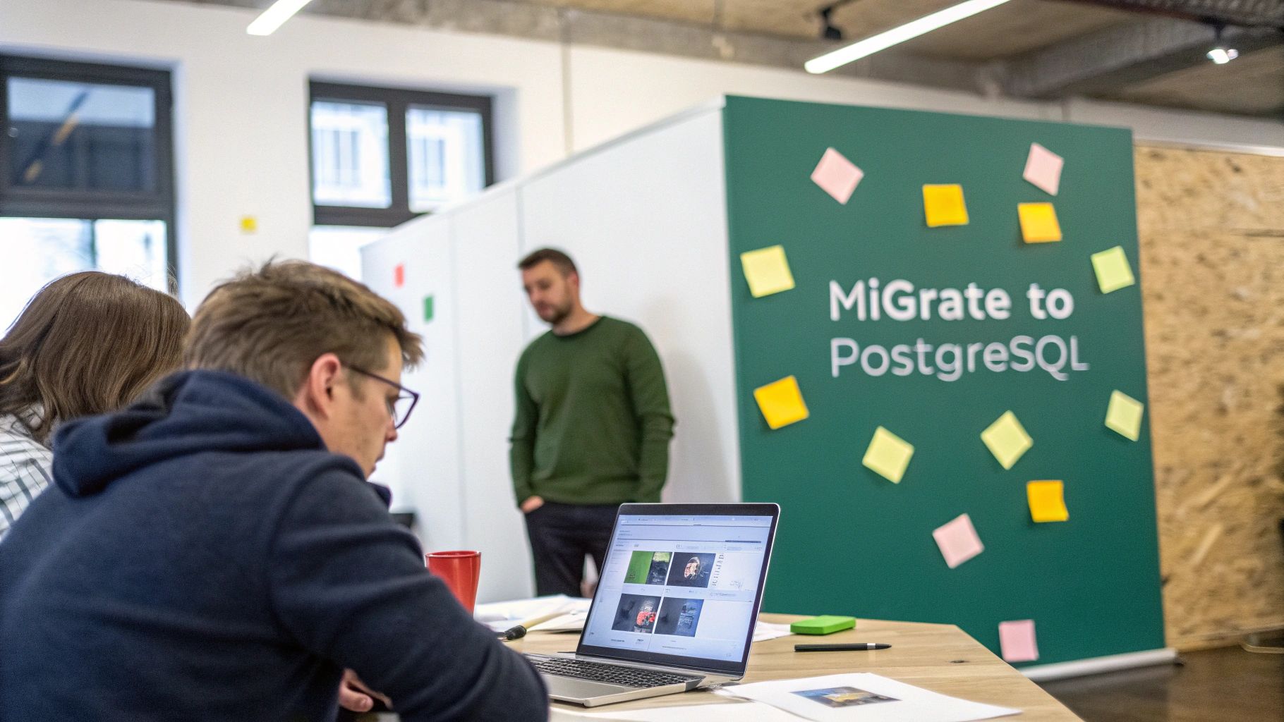 People attending a database migration workshop with a 'MiGrate to PostgreSQL' banner.