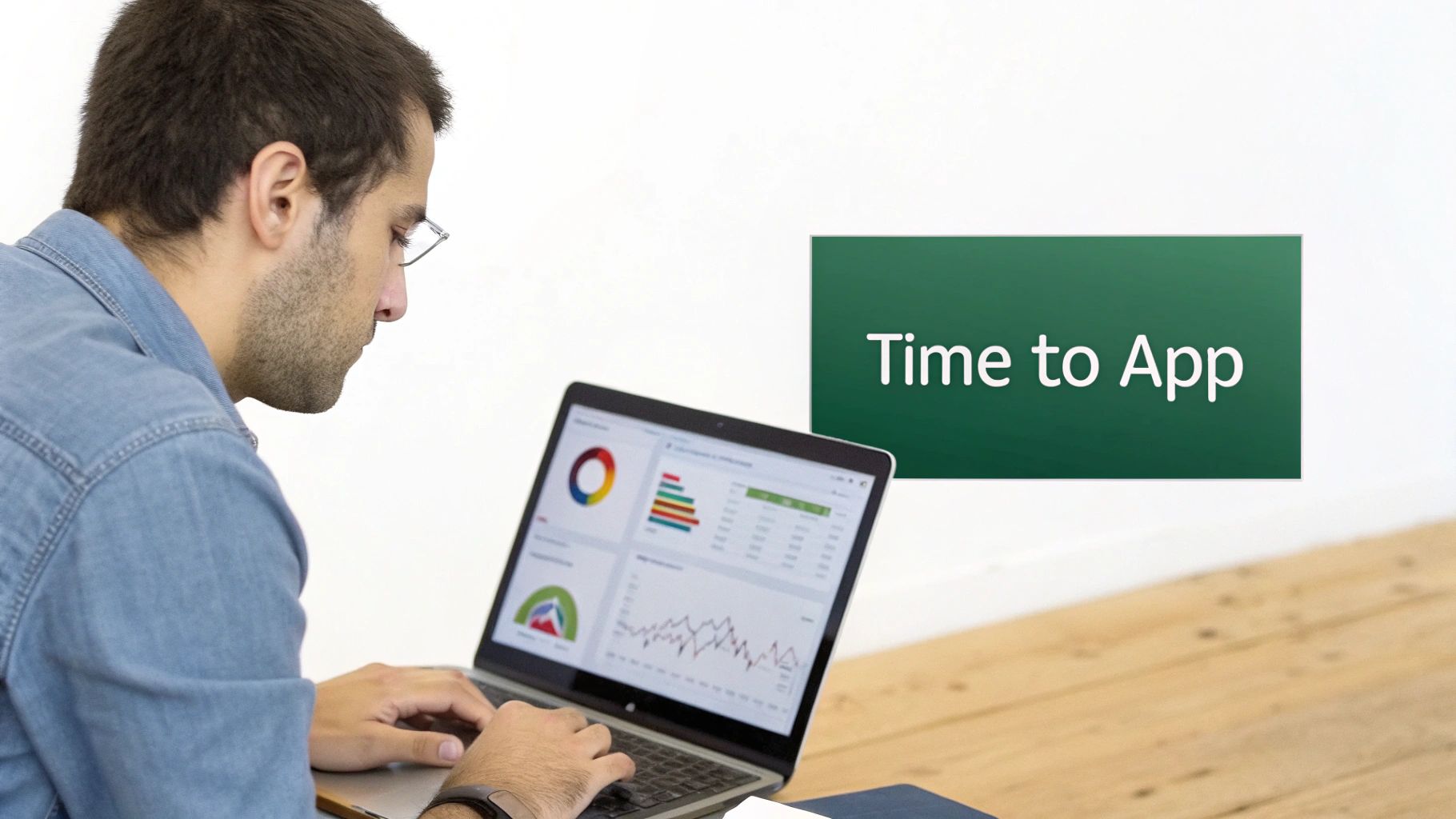 A man in a denim shirt works on a laptop showing data charts, with a 'Time to App' banner.