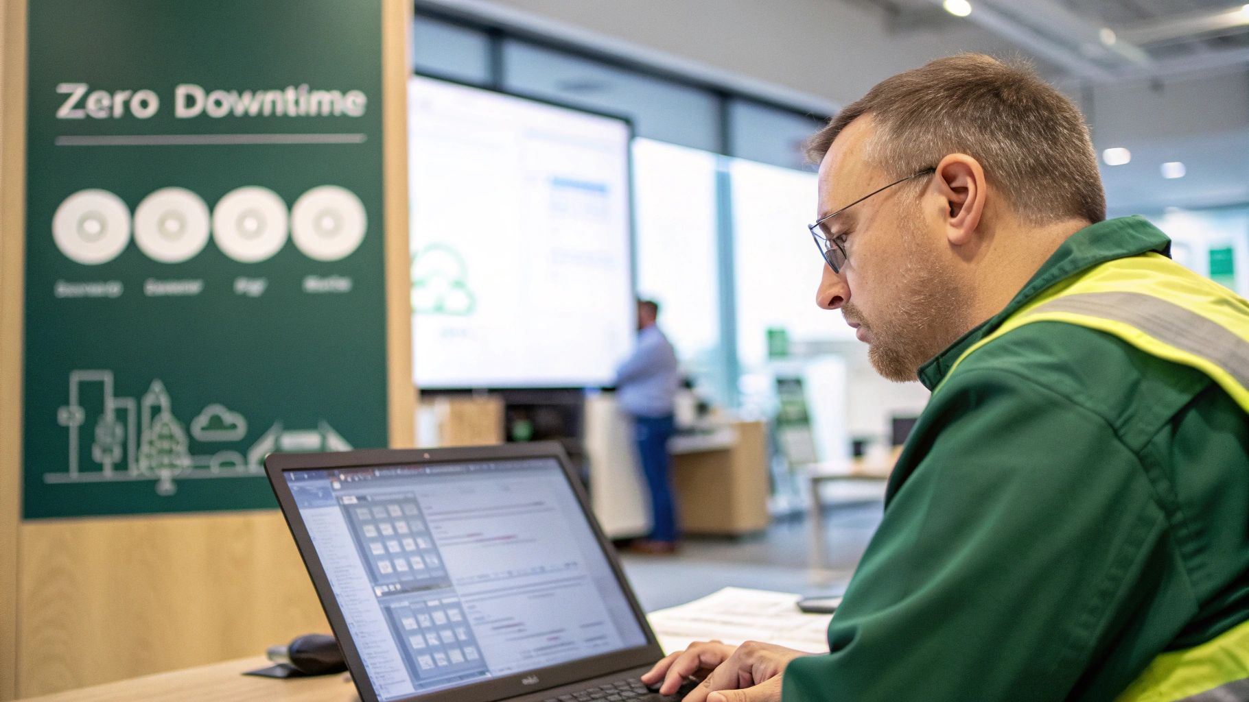 Technician in high-visibility vest and glasses working on a laptop, focused on the screen.