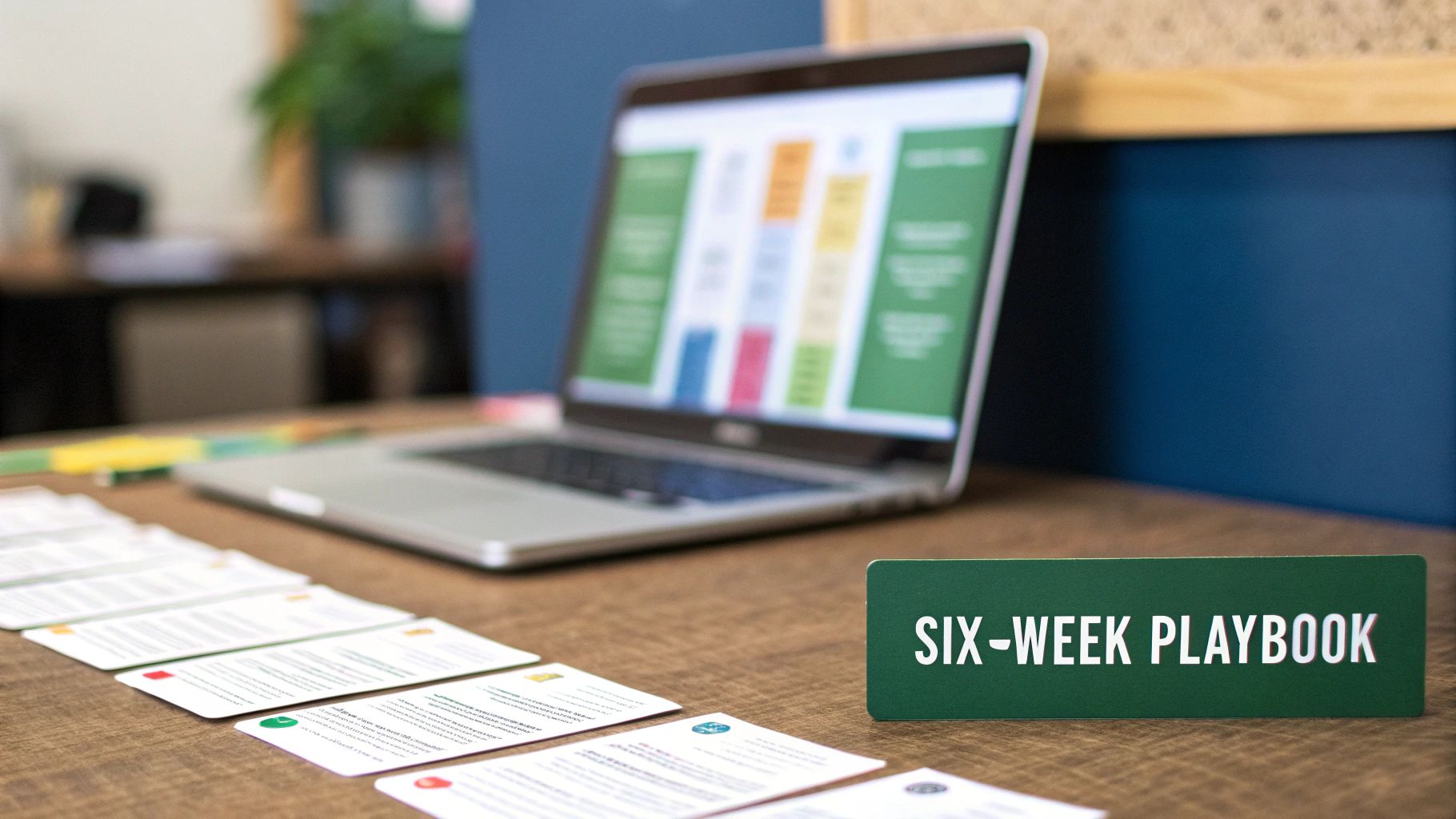 A desk with a laptop showing data, white cards, and a 'SIX-WEEK PLAYBOOK' sign in an office.