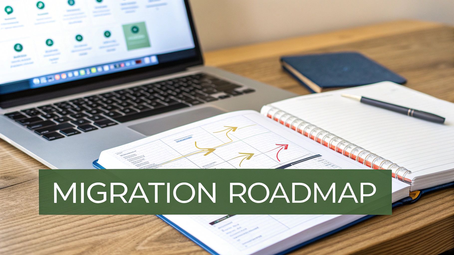 A laptop and an open notebook displaying a migration roadmap on a wooden desk.