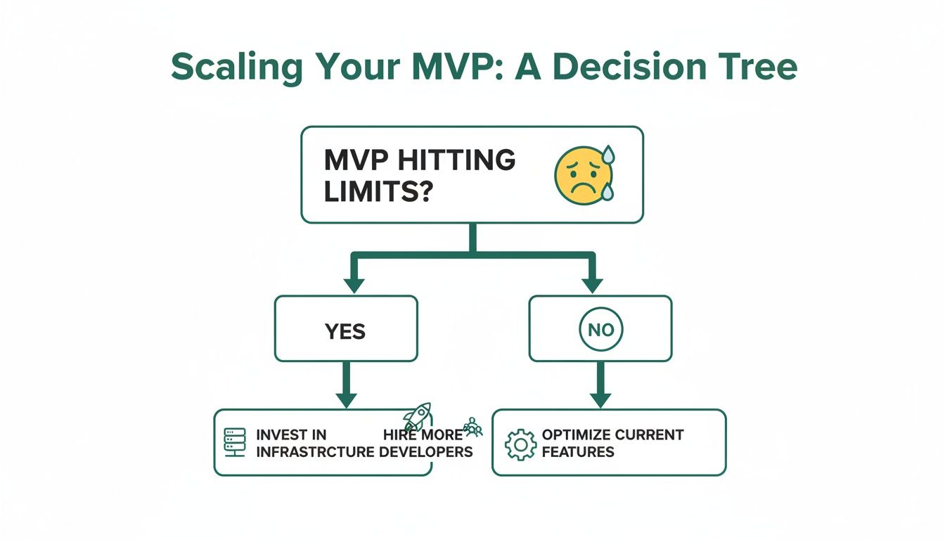 A decision tree flowchart titled 'Scaling Your MVP' guiding actions based on performance limits.
