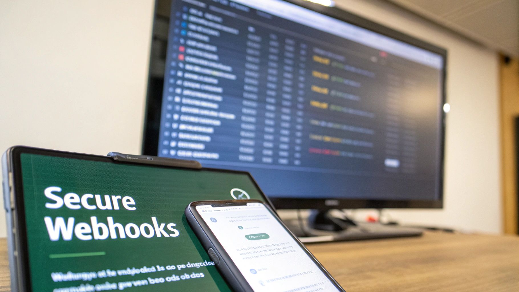 A close-up shot of a tablet displaying 'Secure Webhooks', a smartphone, and a monitor with a data dashboard.