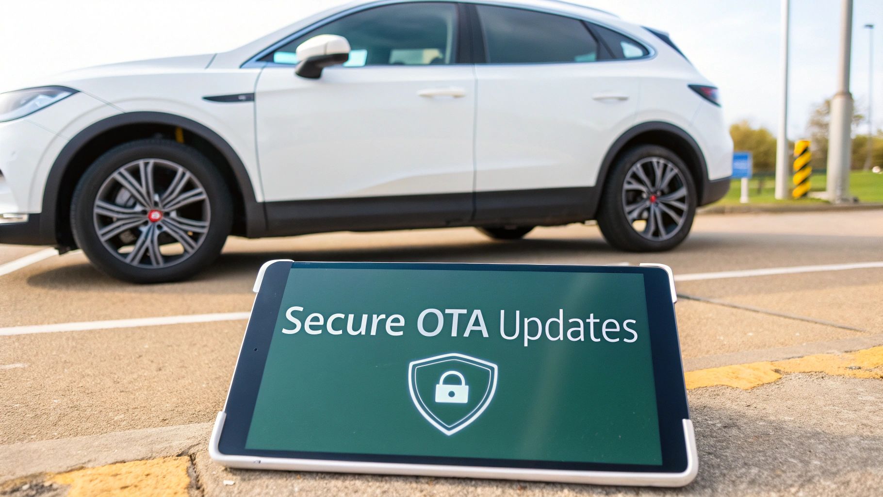 A tablet on the ground displays 'Secure OTA Updates' with a lock icon, foregrounding a white SUV.