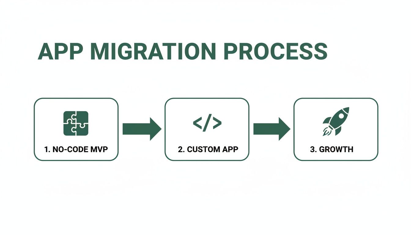 A diagram illustrating the app migration process with three steps: No-Code MVP, Custom App, and Growth.