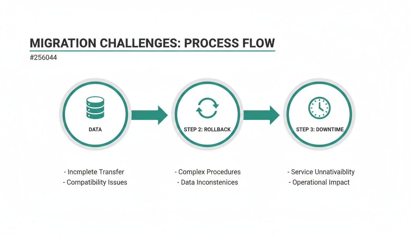 Process flow diagram detailing migration challenges: data, rollback, and downtime with associated issues.