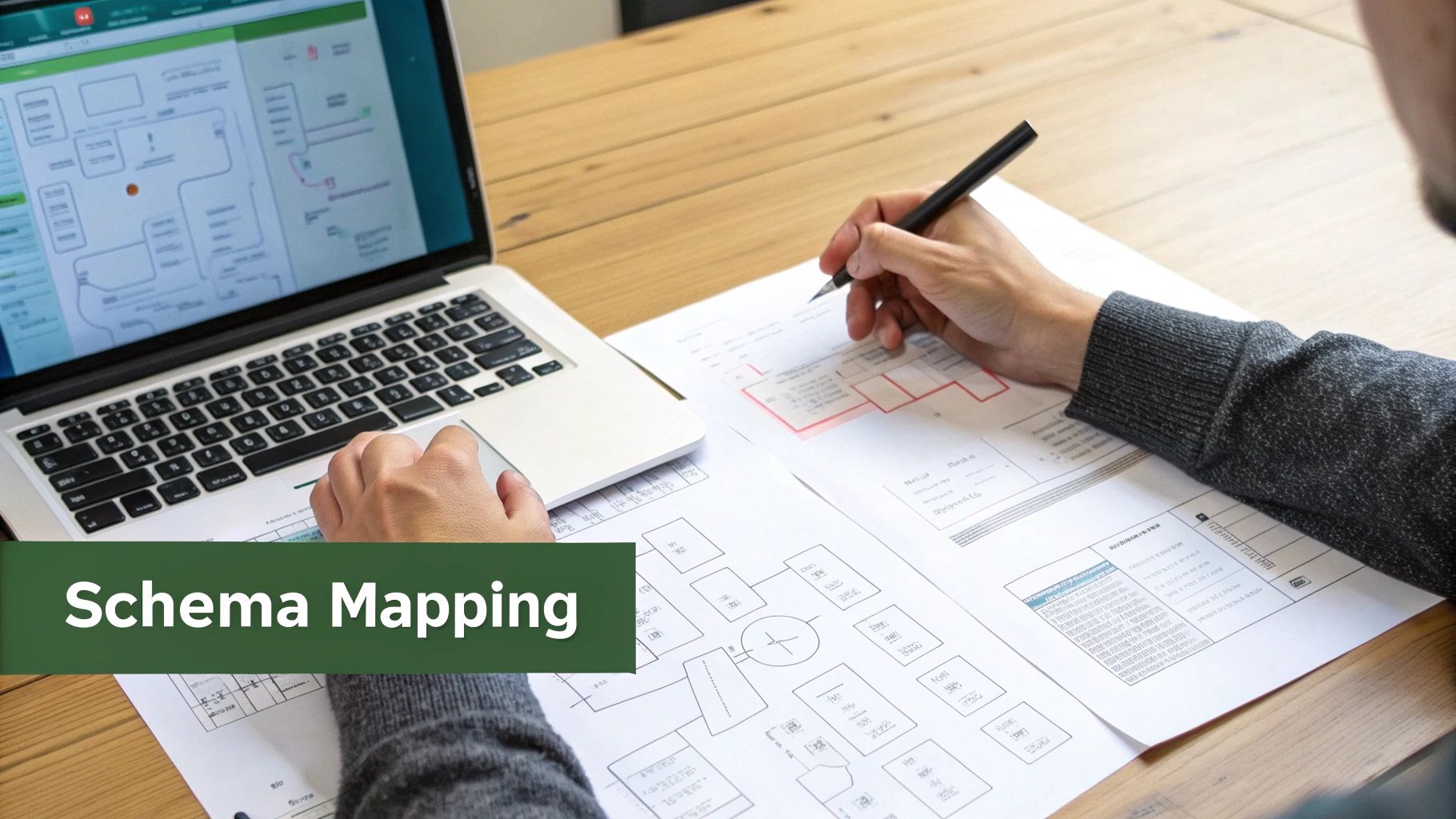 A person's hands work on a laptop and paper diagrams, highlighting schema mapping for database changes.