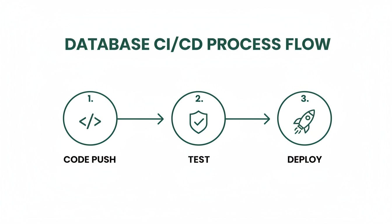 Database CI/CD process flow illustrating three steps: code push, test, and deploy with corresponding icons.