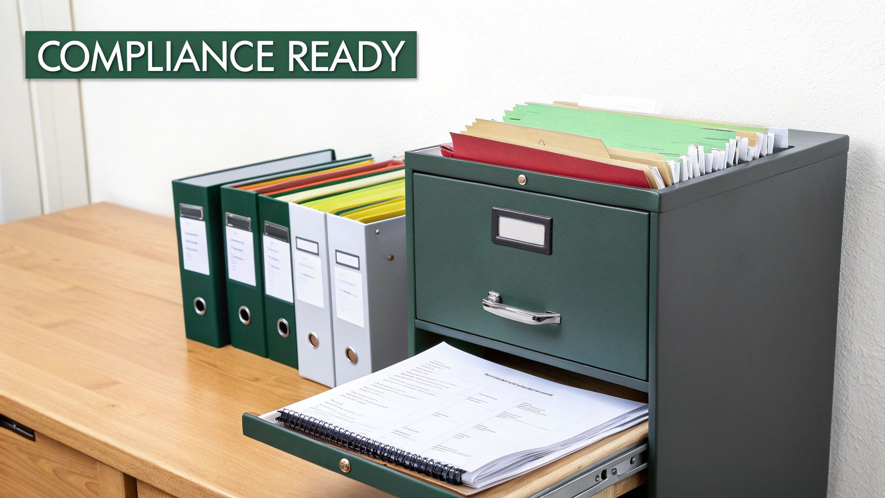 Filing cabinet and binders on a wooden desk with a 'Compliance Ready' banner, showing organized documents.
