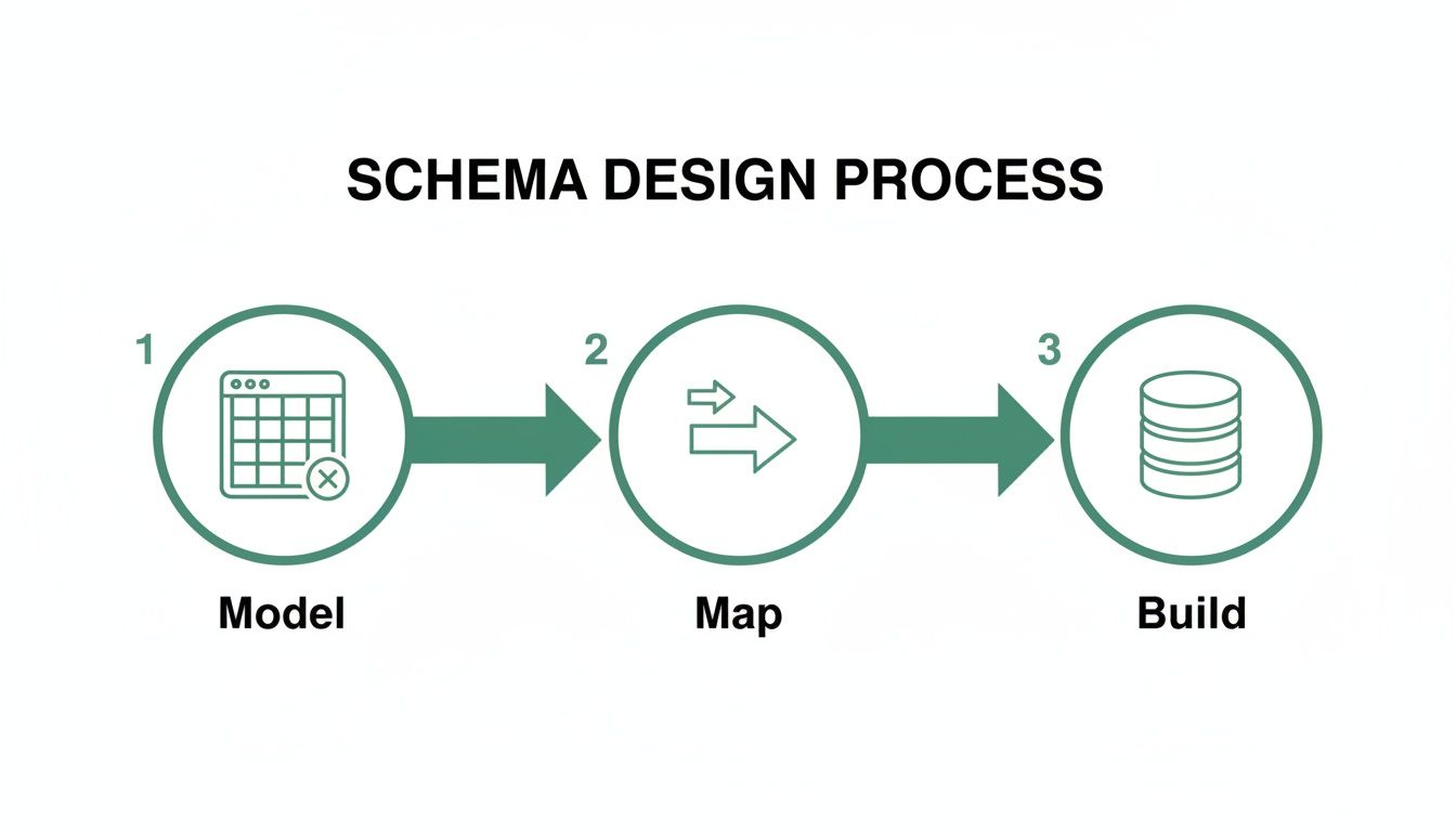 A diagram illustrates the three steps of the schema design process: Model, Map, and Build.