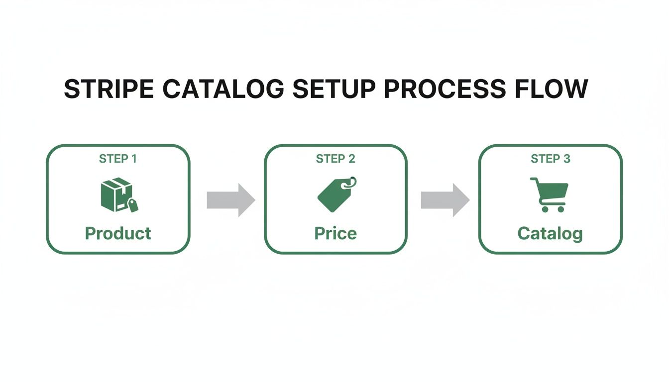A diagram illustrating the Stripe catalog setup process with steps for product, price, and catalog.