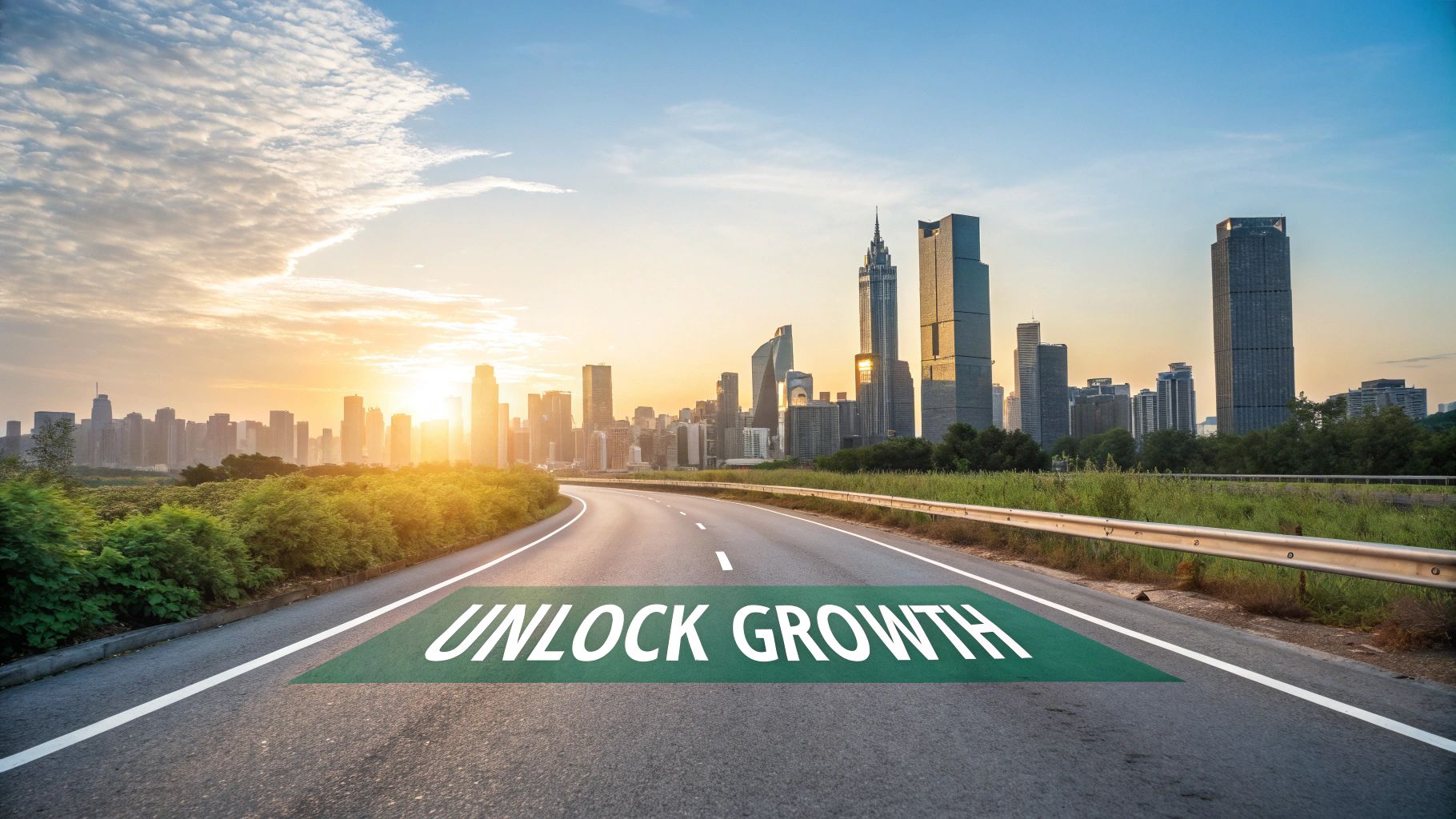 A highway leading towards a modern city skyline at sunset, with 'UNLOCK GROWTH' painted on the road.
