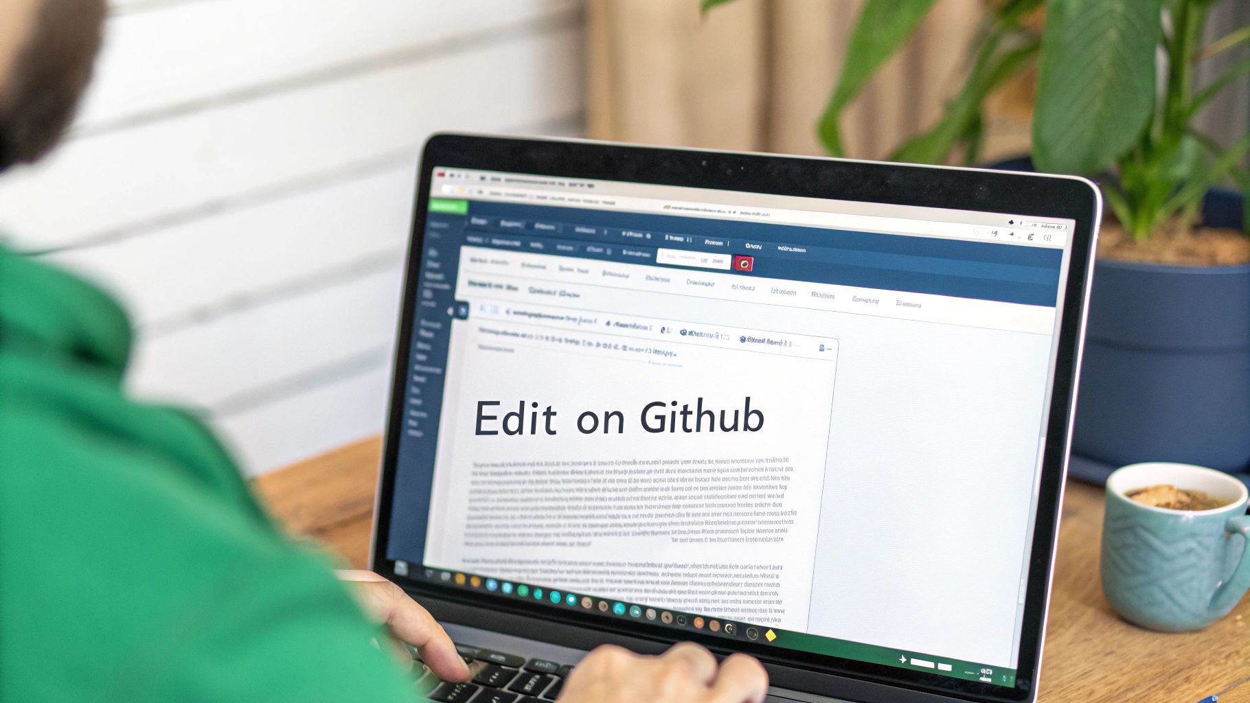 A person in a green hoodie working on a laptop showing 'Edit on Github' on the screen.