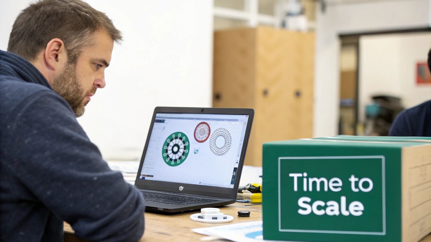 A man focused on his laptop screen displaying engineering designs, with a 'Time to Scale' box.