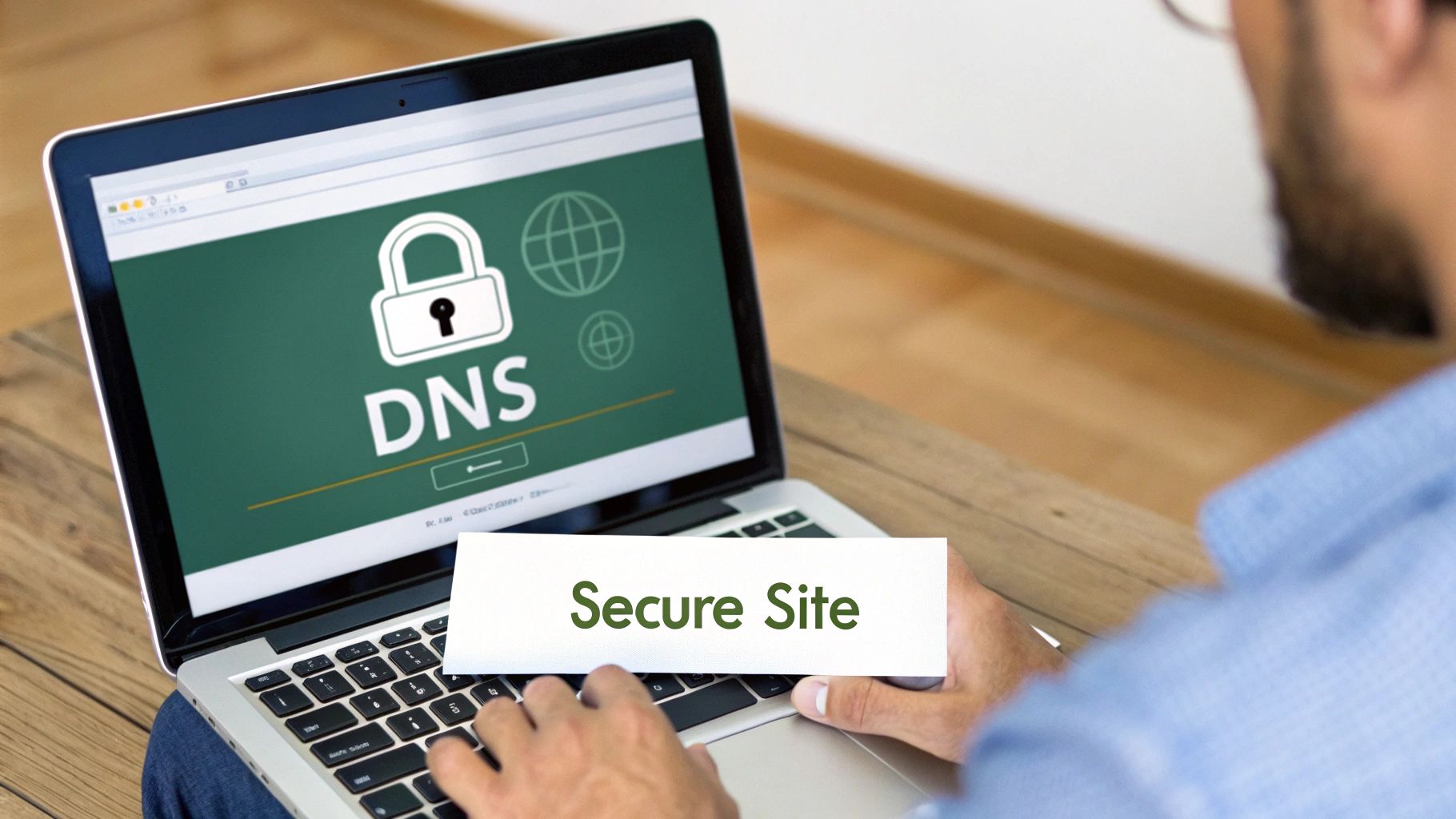 A person uses a laptop displaying a 'DNS' security lock, holding a 'Secure Site' card, emphasizing online safety.