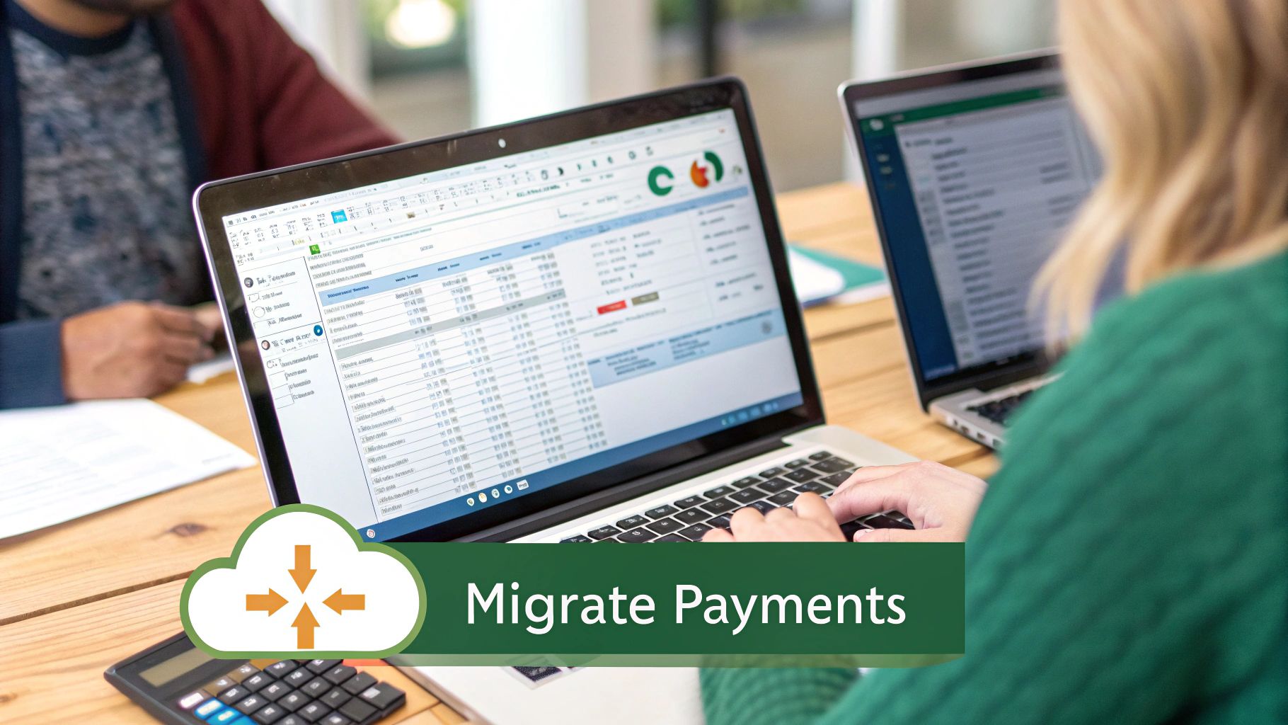 Two people working on laptops, one screen displaying financial data, with an overlay of a cloud icon and 'Migrate Payments' text.