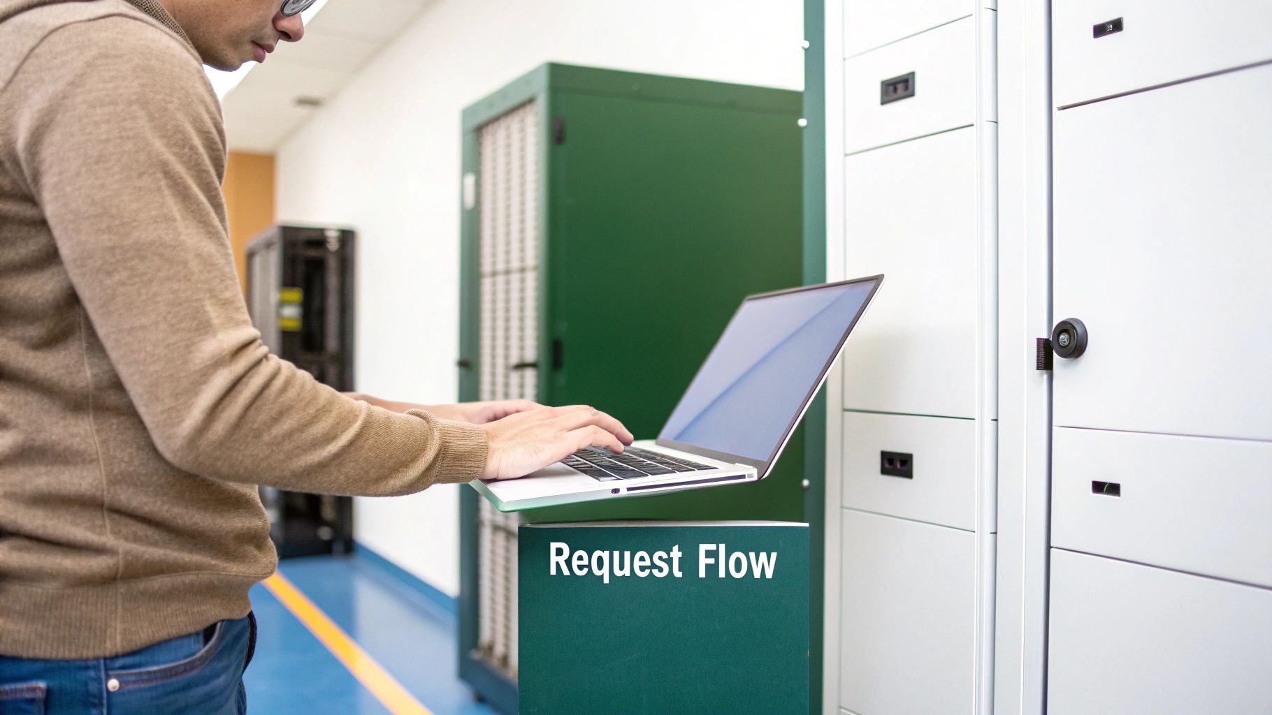 Person typing on a laptop on a green box labeled 'Request Flow' in a data center.
