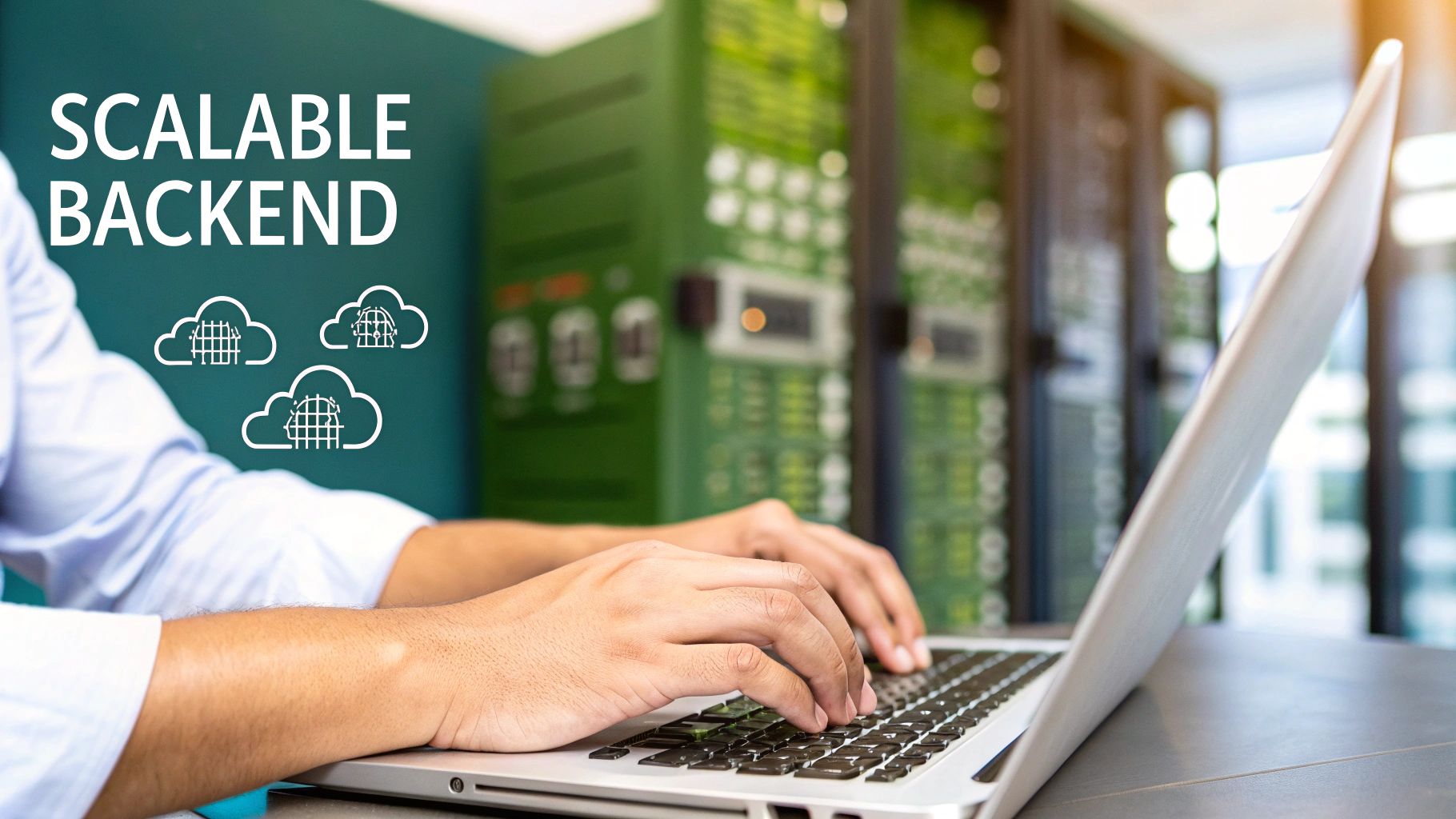 A developer works on a laptop with 'SCALABLE BACKEND' text and cloud icons, against a backdrop of server racks.