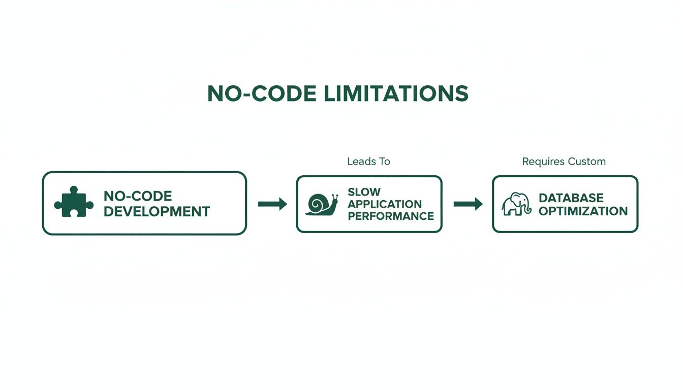 Flowchart showing no-code development leads to slow application performance, requiring custom database optimization.
