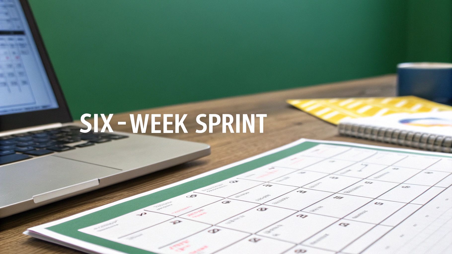 A desk setup with a laptop, calendar, and notebook, featuring 'SIX-WEEK SPRINT' text, ideal for project planning.