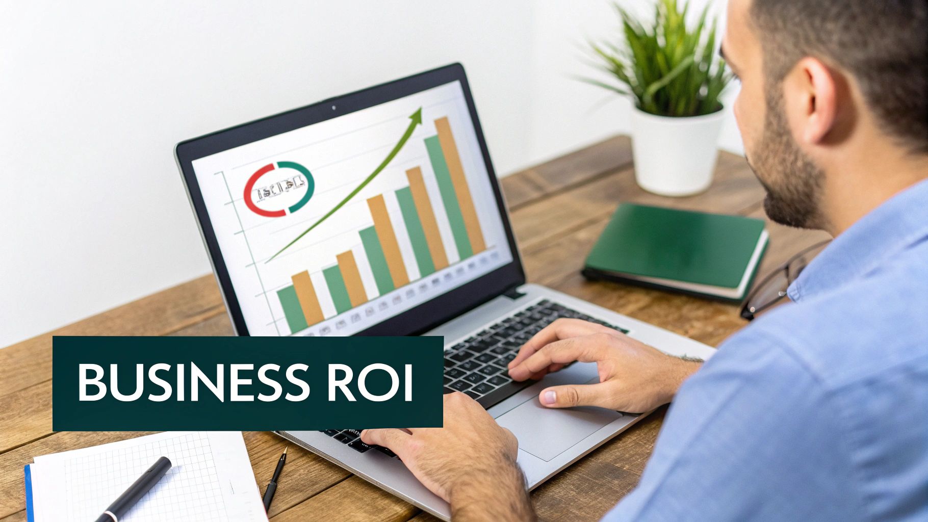 A man works on a laptop displaying a business growth graph, with 'BUSINESS ROI' text overlay.