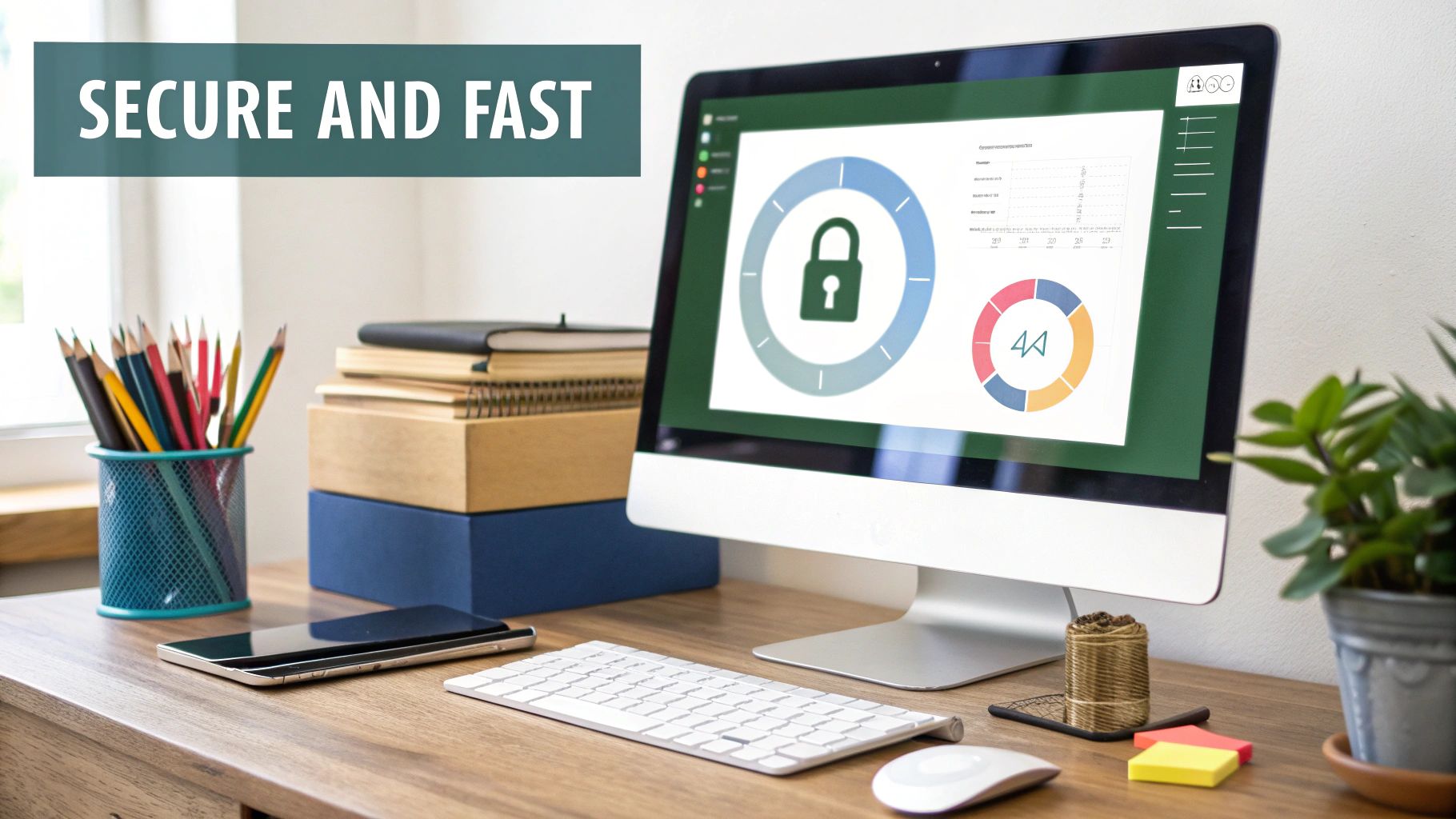 Desk with computer displaying a security dashboard and 'SECURE AND FAST' text, surrounded by office supplies.