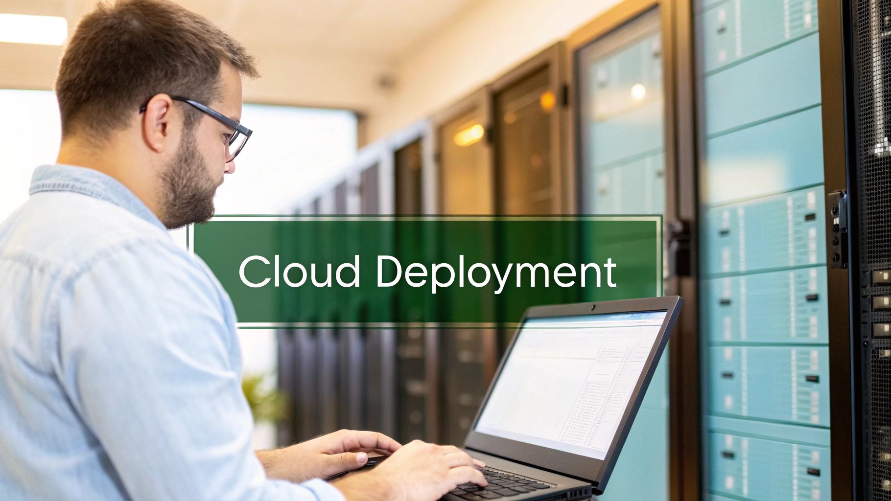 Man with glasses working on a laptop in a server room, with 'Cloud Deployment' text.