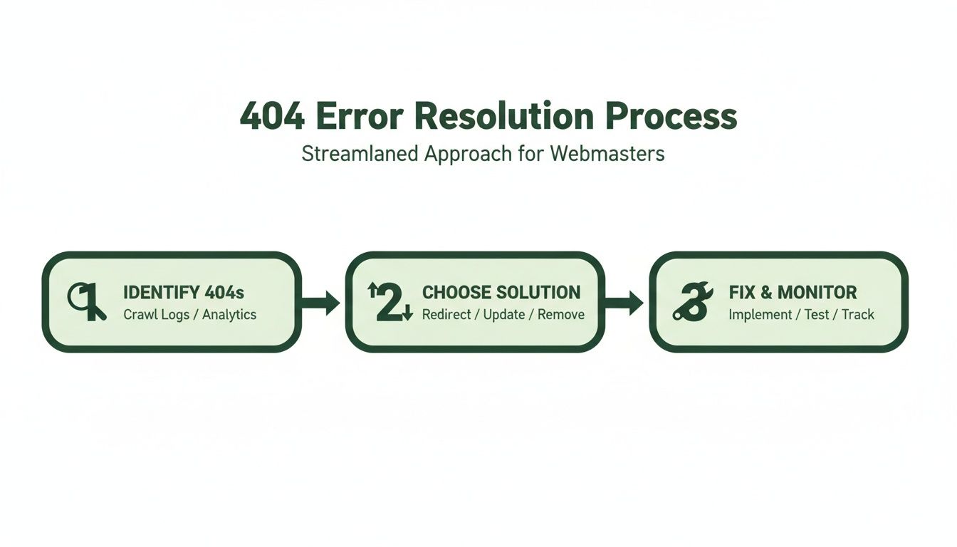 Flowchart showing a streamlined 404 error resolution process for webmasters with three key steps.