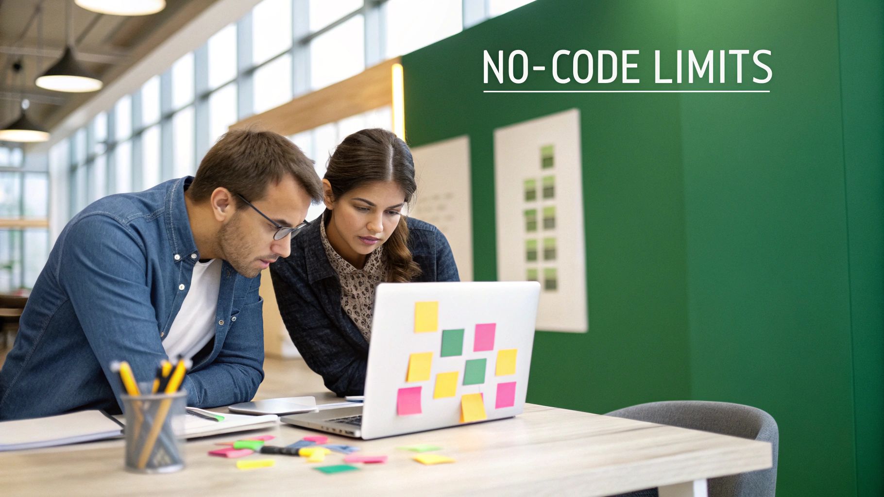 Two colleagues collaborate on a laptop with sticky notes in a modern office environment.