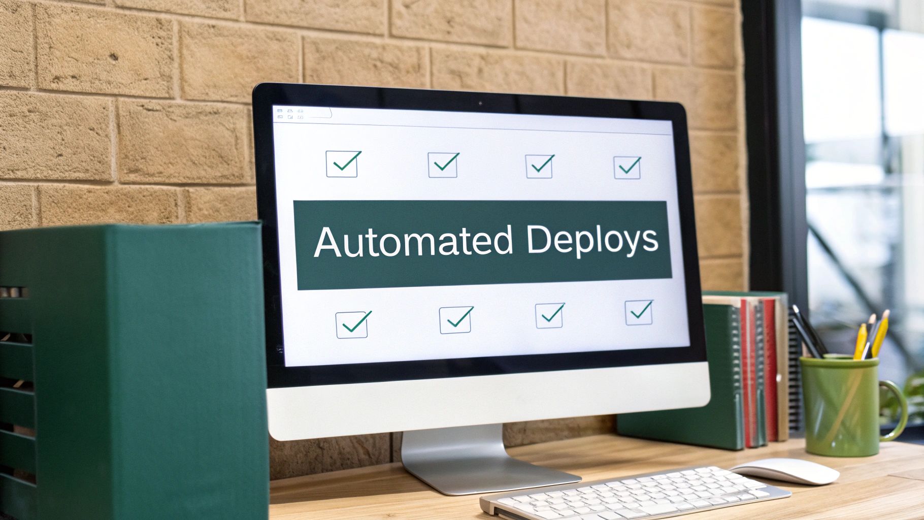 Computer screen displaying 'Automated Deploys' with many green checkmarks, on a desk.