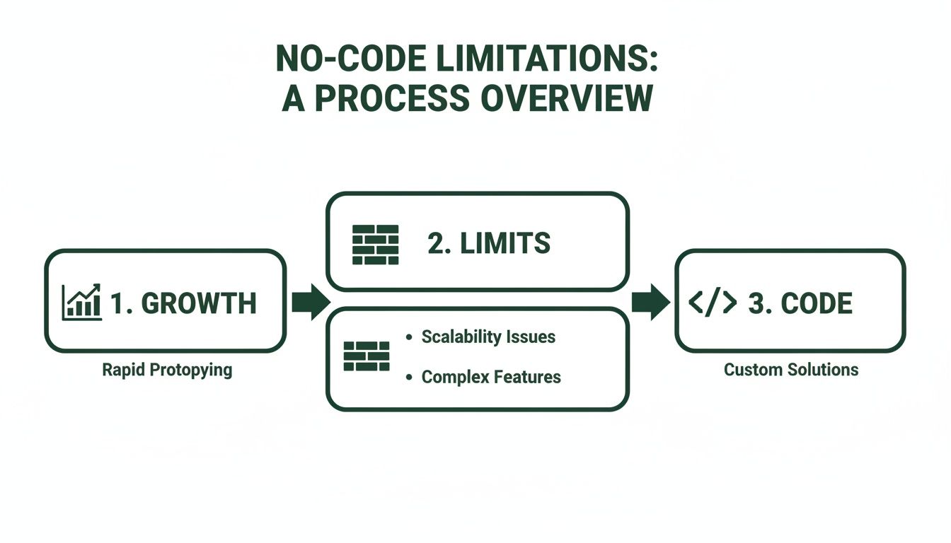 Flowchart illustrating no-code limitations, showing progression from rapid prototyping to limits and custom coding.