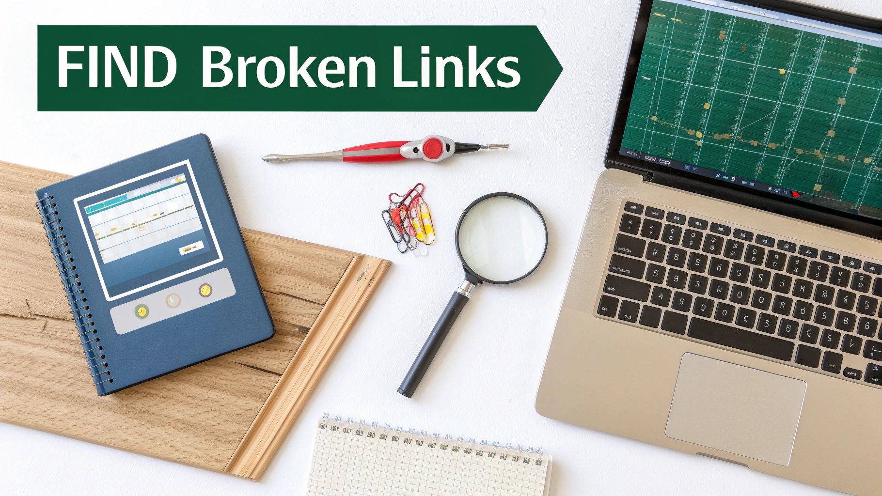 A flat lay of a desk with a laptop, notebook, magnifying glass, and paper clips, with text 'FIND Broken Links'.