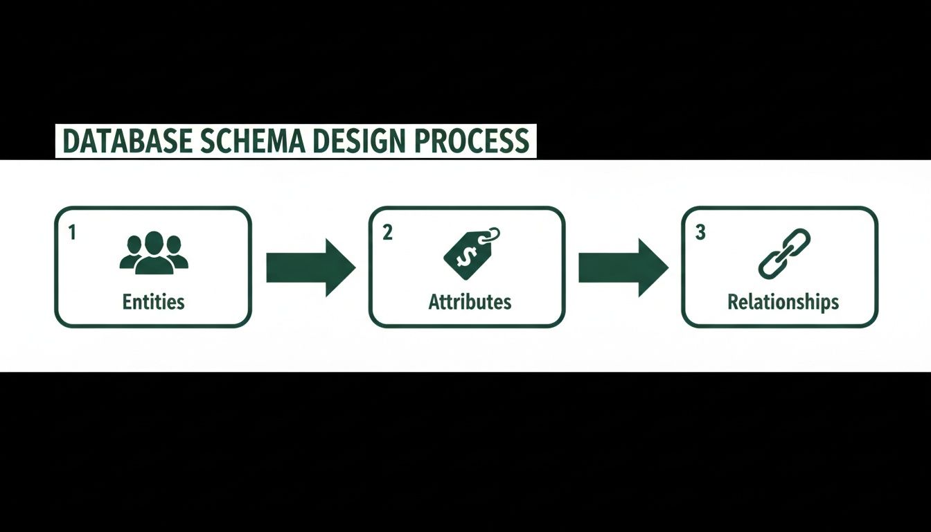 Diagram illustrating the three steps of a database schema design process: entities, attributes, and relationships.