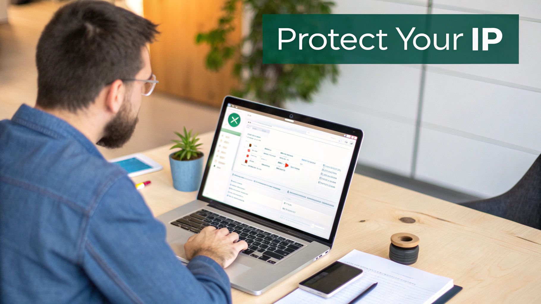 A man in a denim shirt works on a laptop, with a 'Protect Your IP' banner.