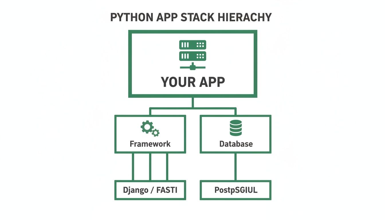 A diagram illustrating the hierarchy of a Python application stack, showing Your App, Frameworks (Django/FASTI), and Database (PostpSGIUL).