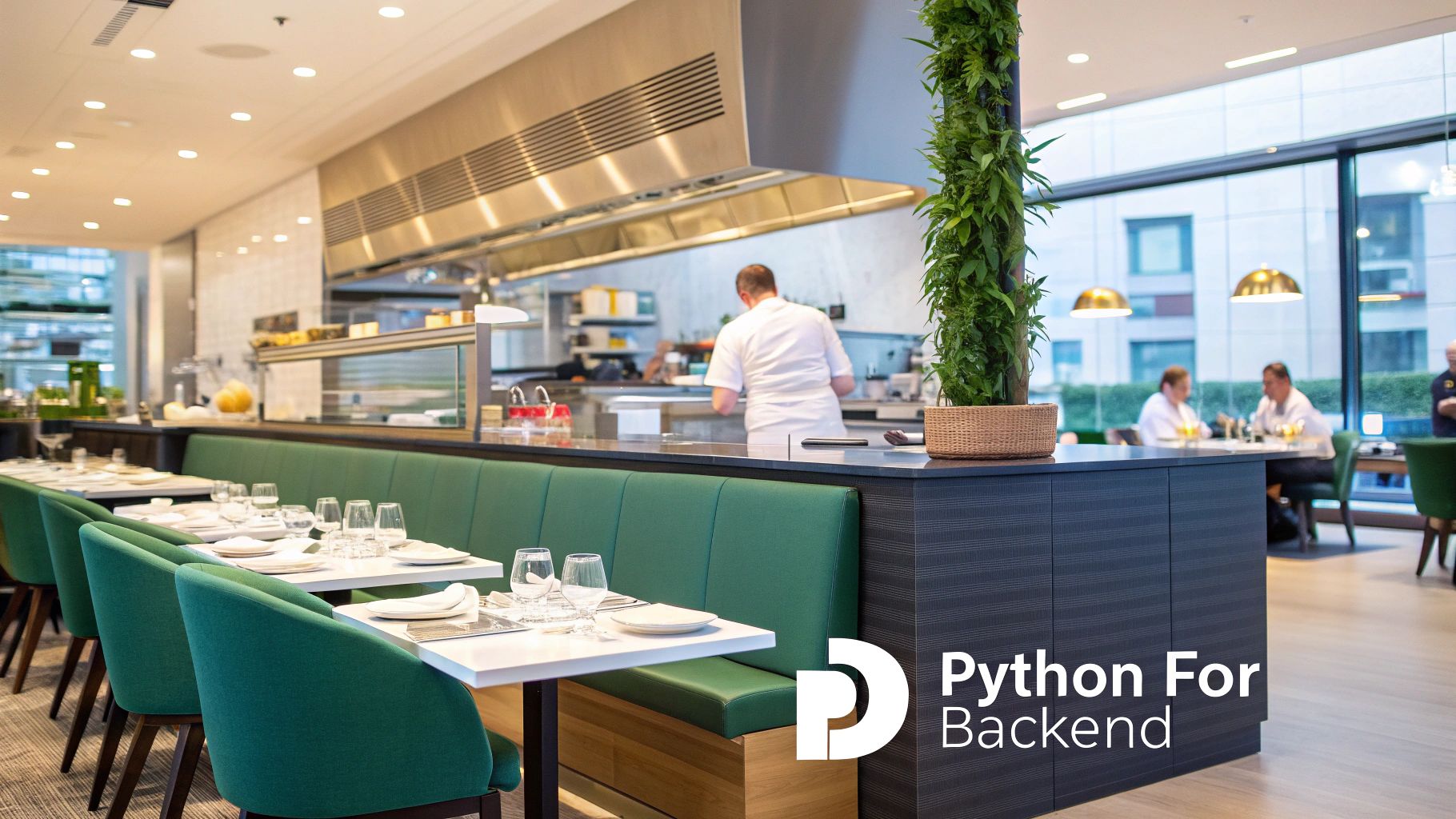 Modern restaurant interior with an open kitchen, chef, green booth seating, and dining tables.