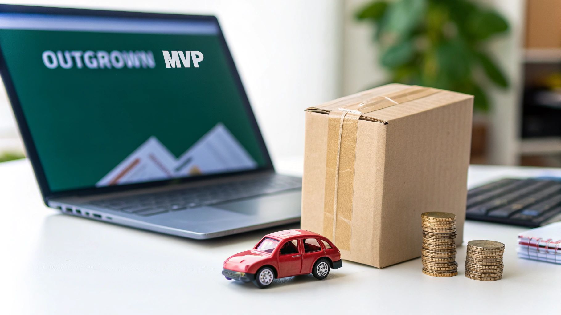 A laptop displaying 'OUTGROWN MVP' next to a box, toy car, and coins on a white desk.